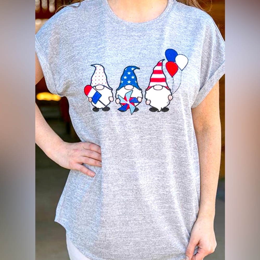 My Danielle Gray Women’s Triple Patriotic Gnomes Top, perfect for July 4th.